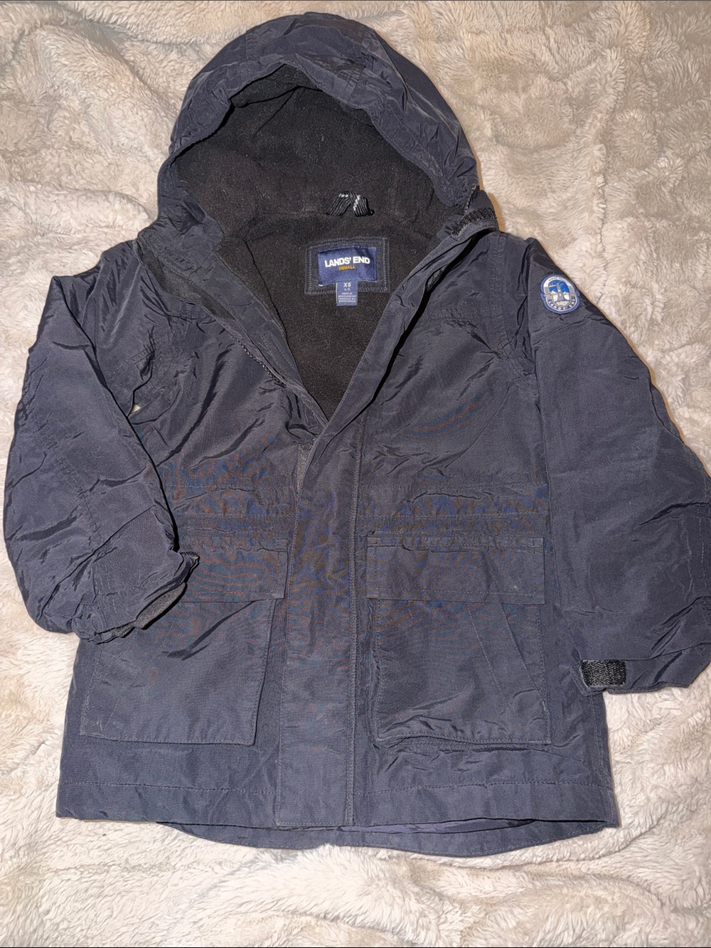 Lands' End Navy Hooded Kids Raincoat with Fleece Lining